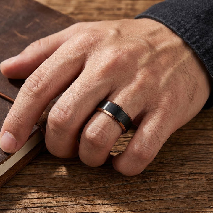 Aydins Jewelry Modern men’s espresso tungsten wedding band with contrast finish - On ring finger