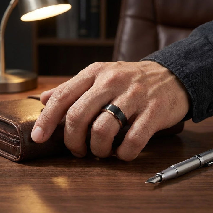 Aydins Jewelry Modern men’s espresso tungsten wedding band with contrast finish - On a Mans Ring Finger