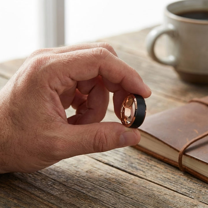 Modern men’s espresso tungsten wedding band with contrast finish - Between mans Fingers