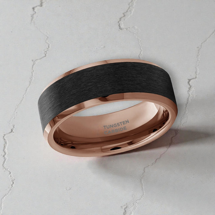 Close up of brushed black center on tungsten carbide ring