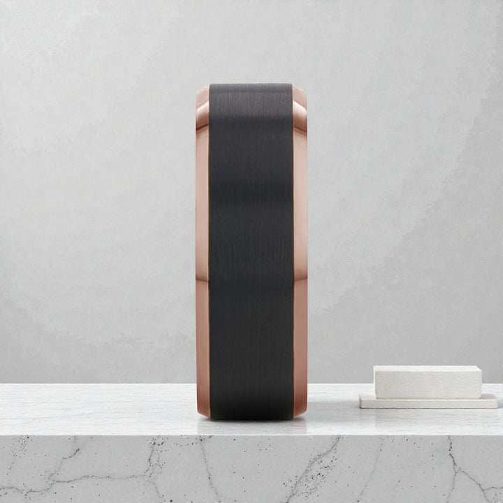 Side view of 8 mm polished beveled tungsten ring for men