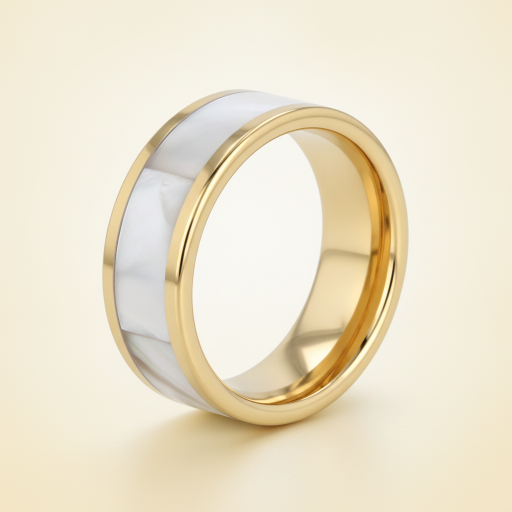 GRACE gold-plated tungsten wedding band with real white abalone shell inlay, studio hero shot