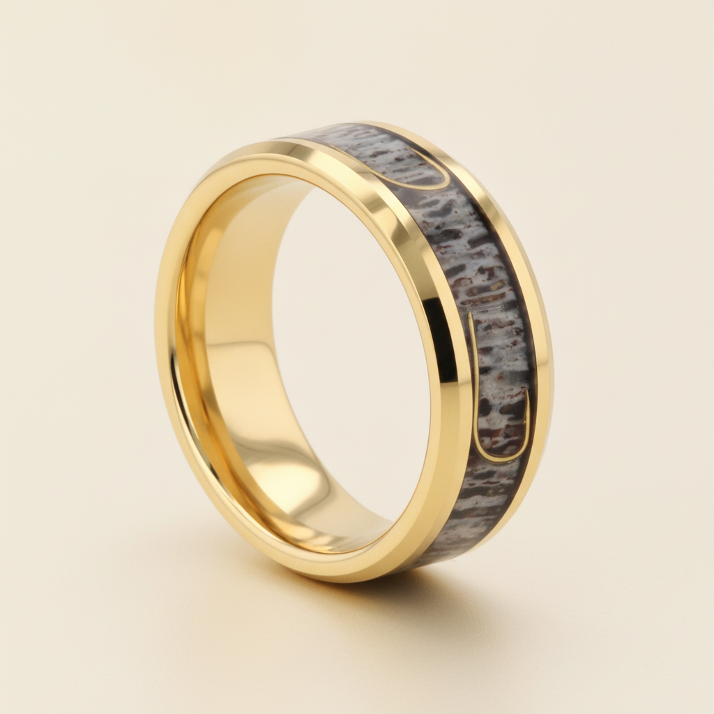 JAEGER gold-plated tungsten wedding band with real deer antler and fishhook inlay, studio hero shot
