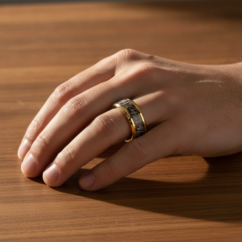 JAEGER gold-plated tungsten wedding band with real deer antler and fishhook inlay worn on man's hand resting on walnut table, lifestyle photo