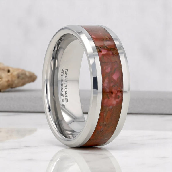 Front view of JURASSIC silver tungsten ring with genuine red dinosaur bone inlay