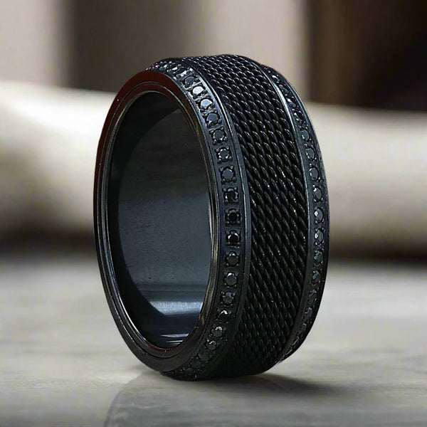 Men’s black titanium wedding band with steel chain design and black diamonds – Aydins Jewelry