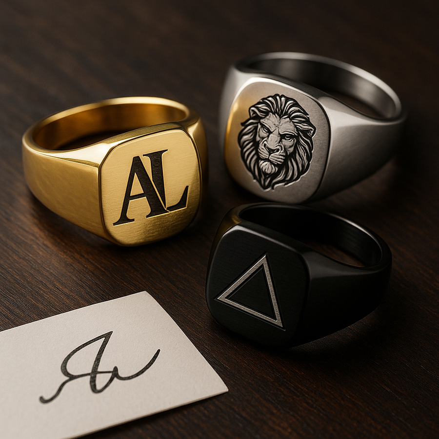 Custom logo engraving on signet rings and dog tags