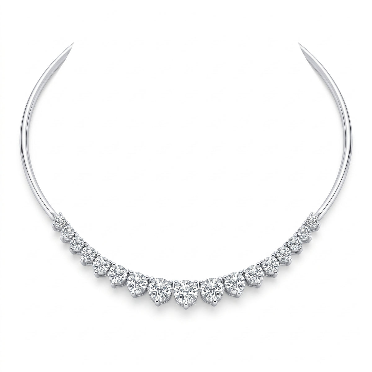 Graduated diamond necklace with chain in 925 silver, graduated section at center front with plain chain sides