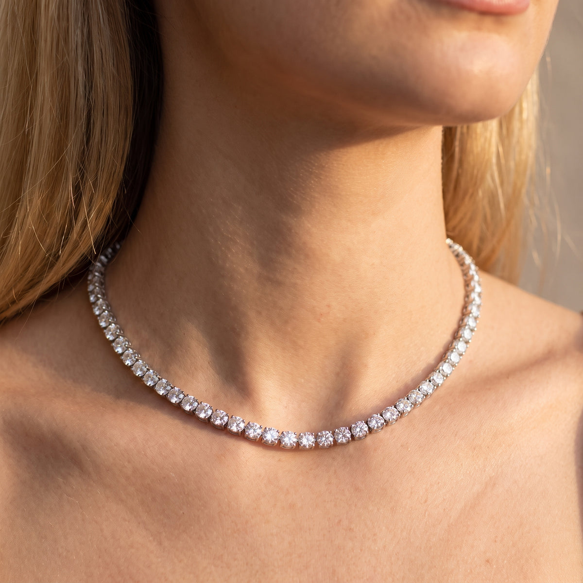 Three Prong Straight Line Necklace, 925 silver diamond necklace worn on neck lifestyle photo