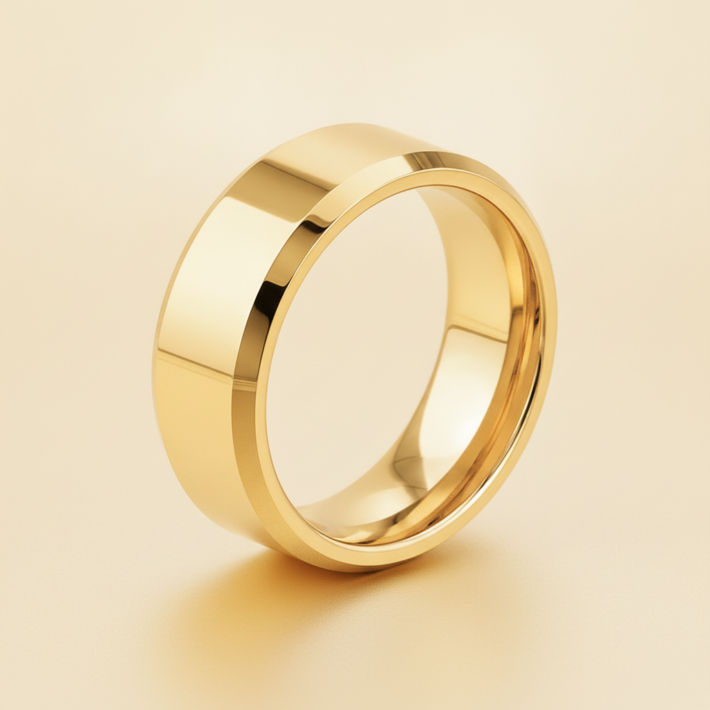 RHODES beveled polished gold-plated tungsten carbide wedding band, studio hero shot