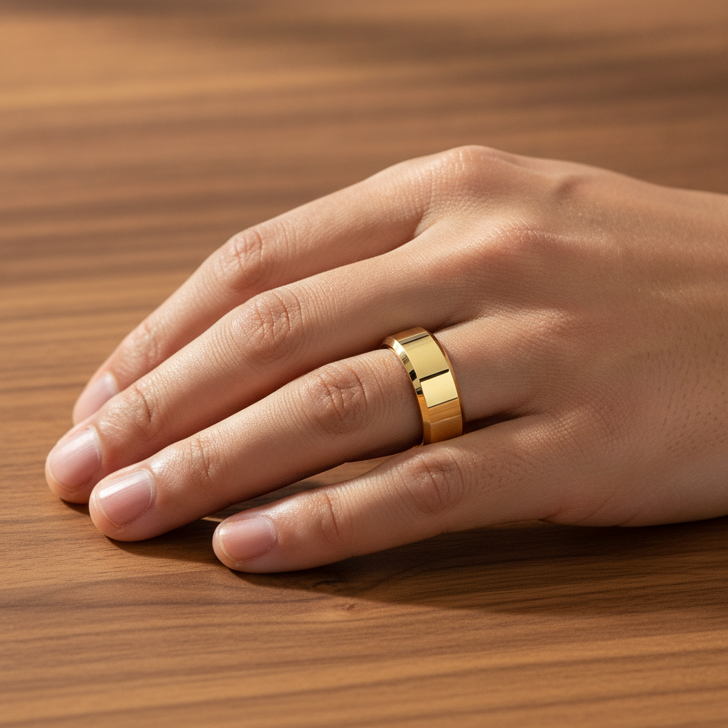 RHODES beveled polished gold-plated tungsten carbide wedding band worn on man's hand resting on walnut table, lifestyle photo