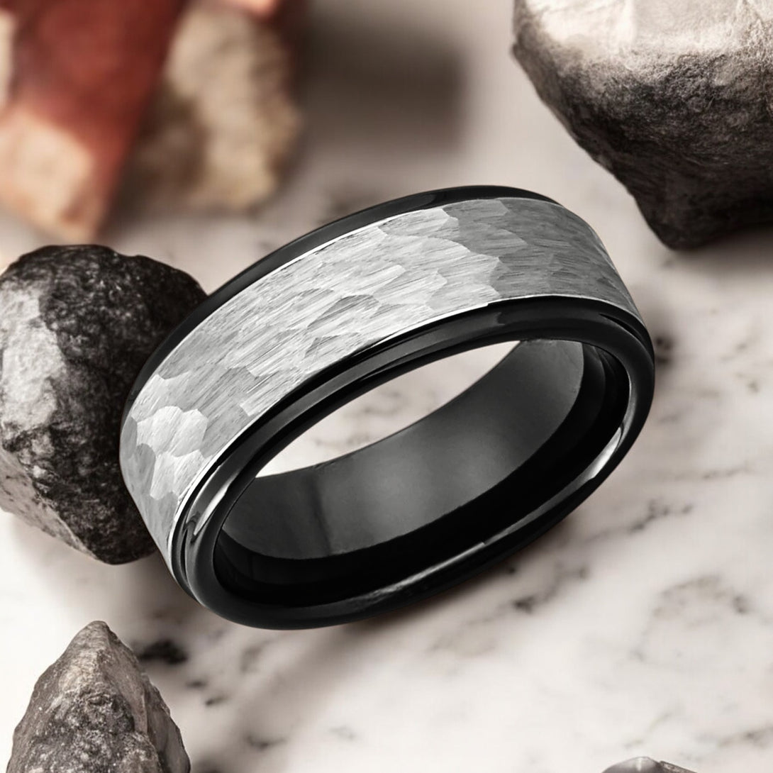 ROCKY - Black Tungsten Ring with Grey Hammered Finish - Angled View