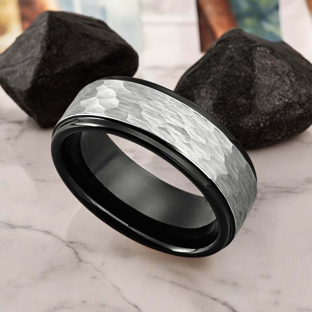 ROCKY - Black Tungsten Ring with Grey Hammered Finish - Side View