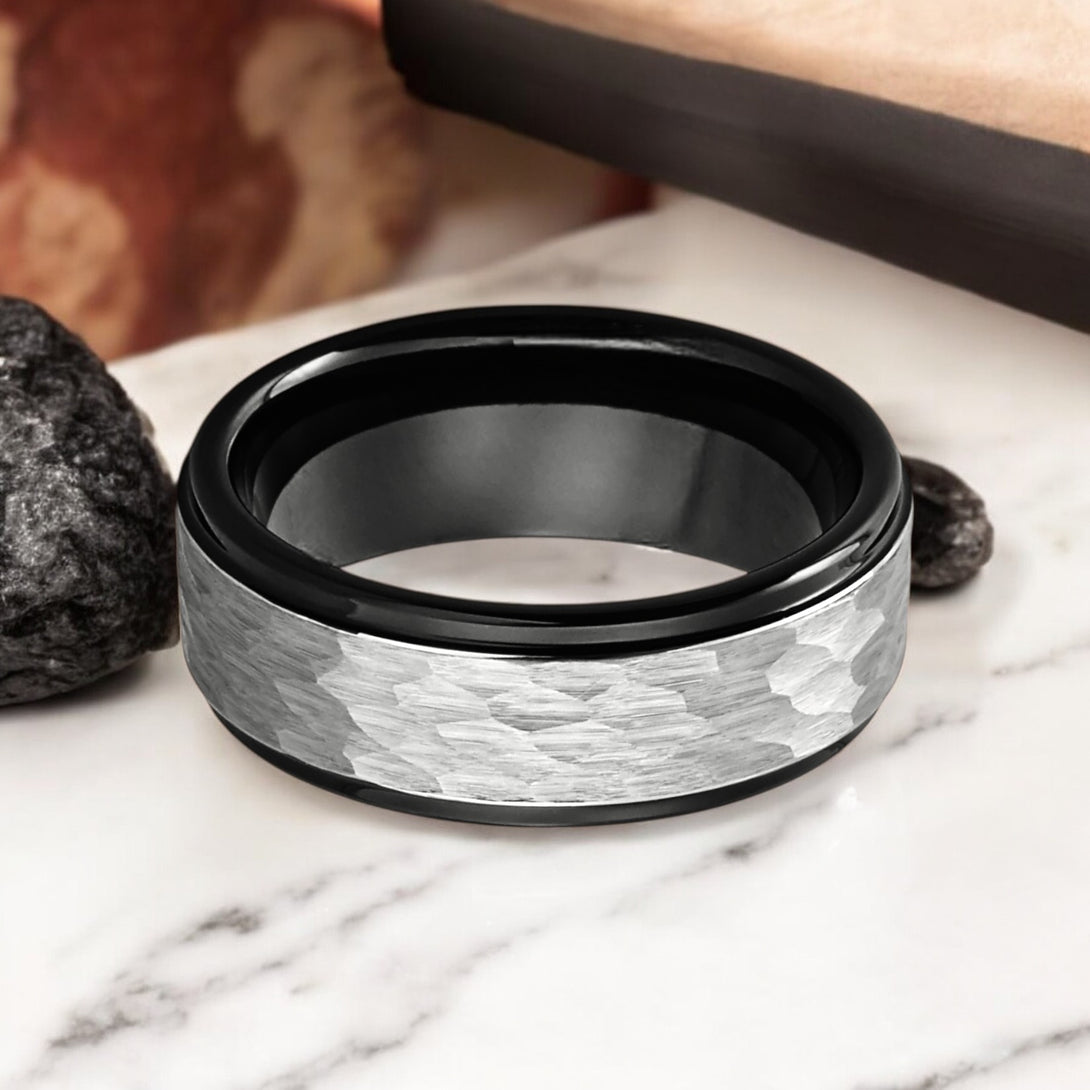 ROCKY - Black Tungsten Ring with Grey Hammered Finish - Flat Lay