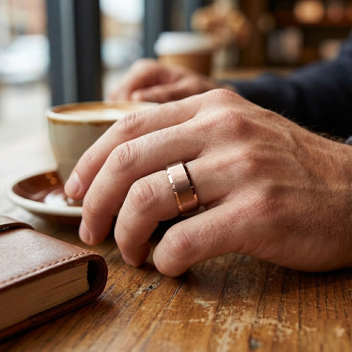 ROKA Modern mens espresso tungsten wedding ring - On Ring Finger