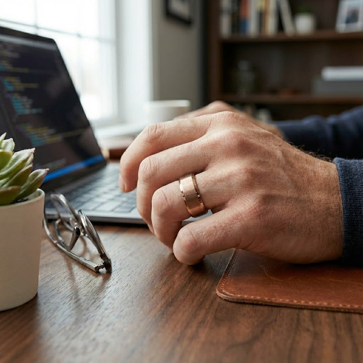 ROKA Modern mens espresso tungsten wedding ring - On Ring Finger 2