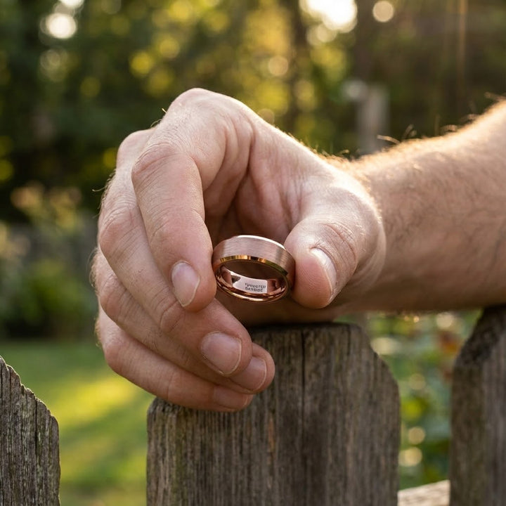ROKA Modern mens espresso tungsten wedding ring - Up close image