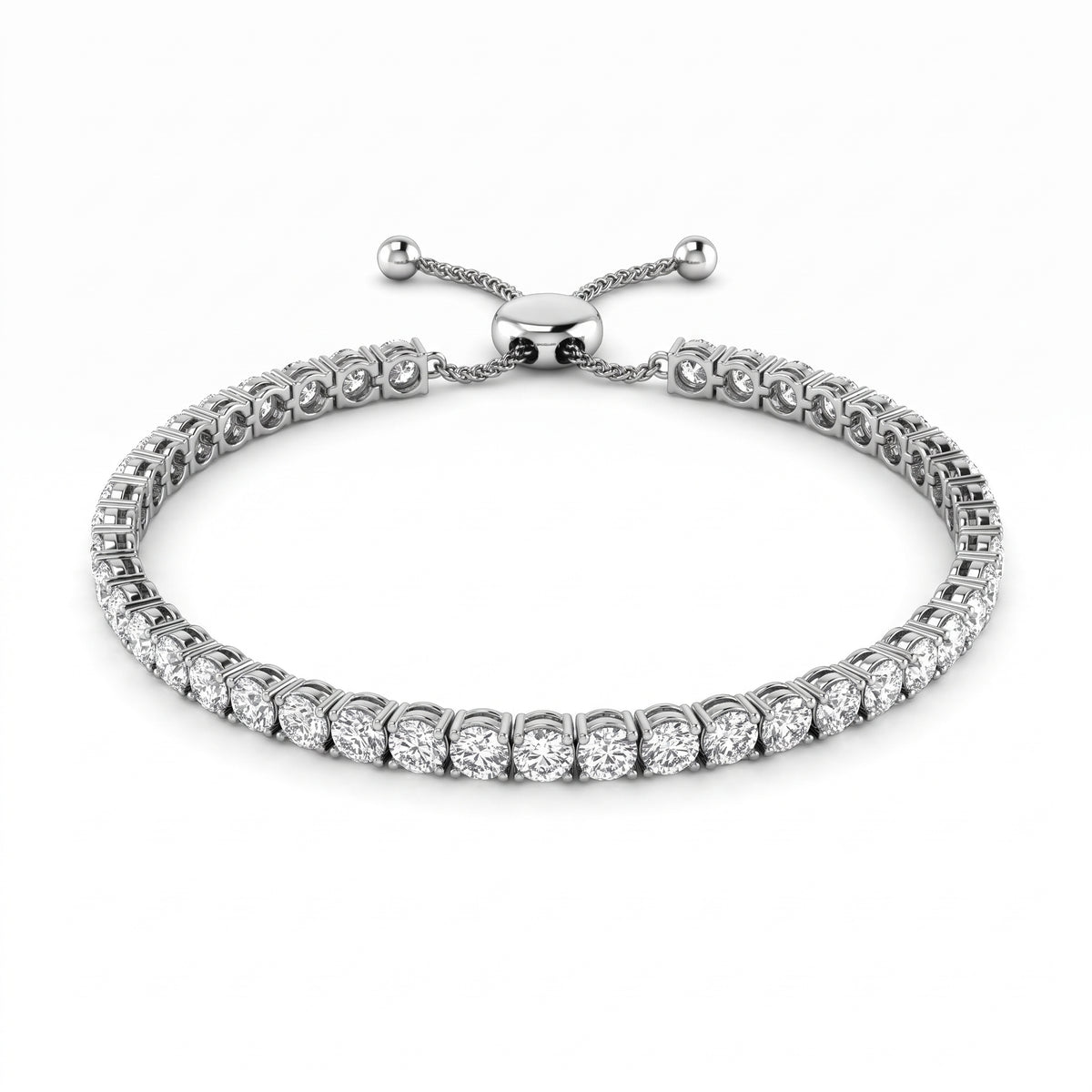 Adjustable Bolo Bracelet, 925 silver tennis bracelet studio hero photo on white, lab grown diamonds D color VVS