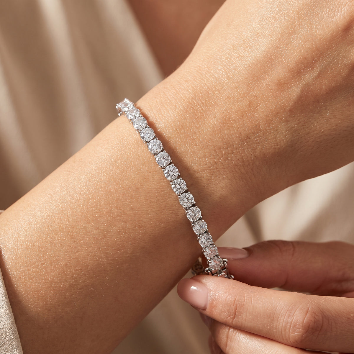 Classic Four Prong Tennis Bracelet, 925 silver diamond bracelet worn on wrist lifestyle photo