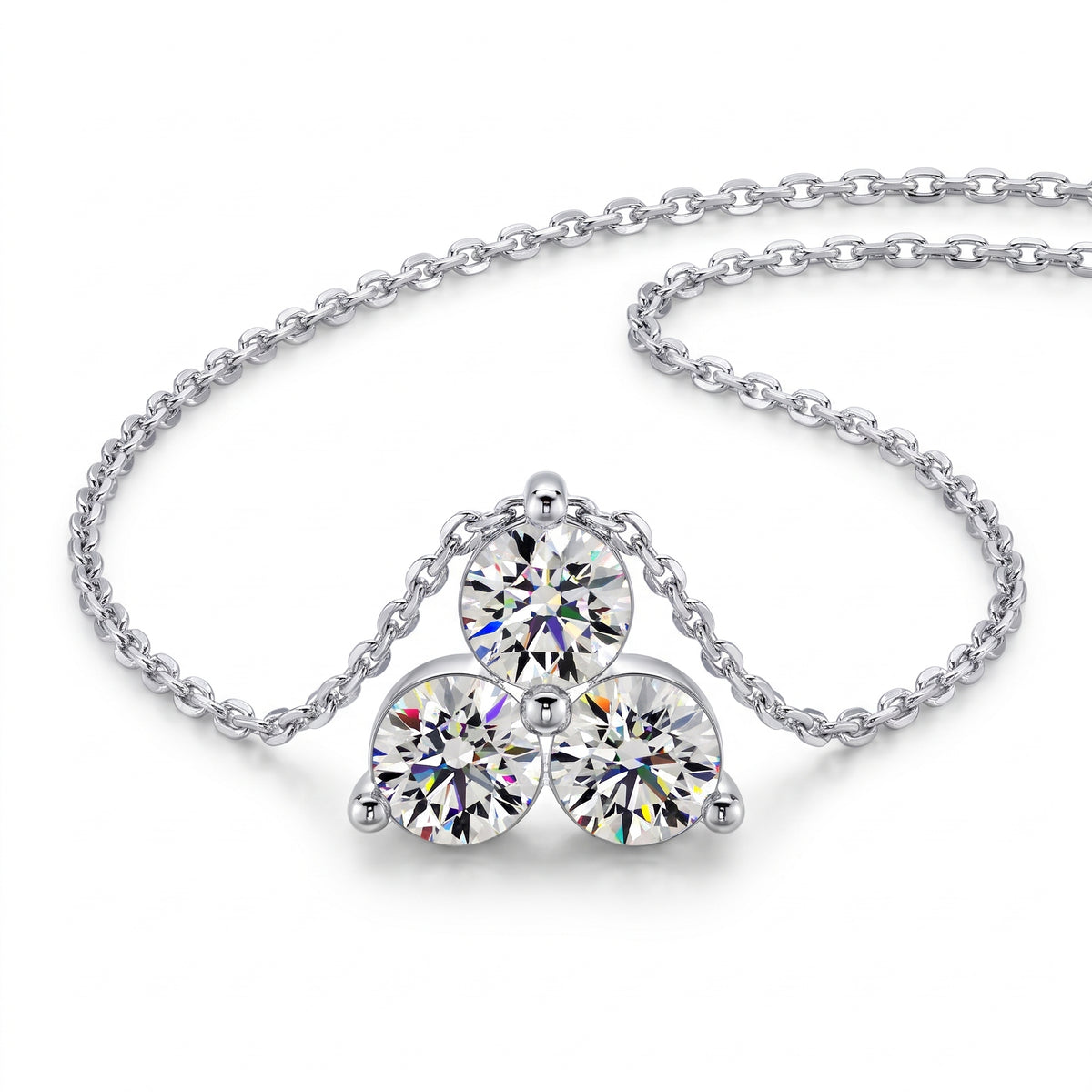 Three Stone Round Diamond Pendant With Chain, 925 silver pendant studio hero photo on white, lab grown diamonds D color VVS