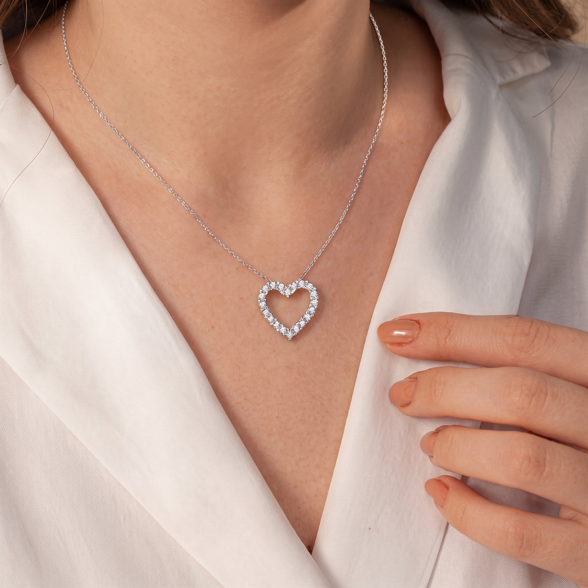 Diamond Heart Pendant With Chain, 925 silver diamond pendant worn on neck lifestyle photo