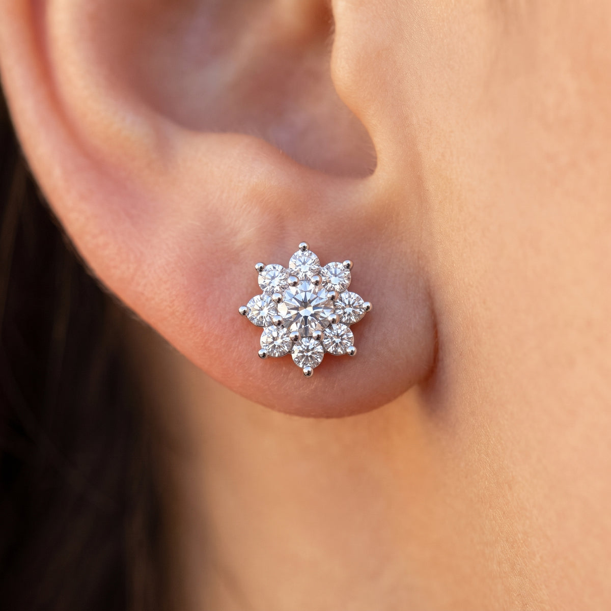 Floral Diamond Stud Earrings, 925 silver diamond earrings worn on ear lifestyle photo