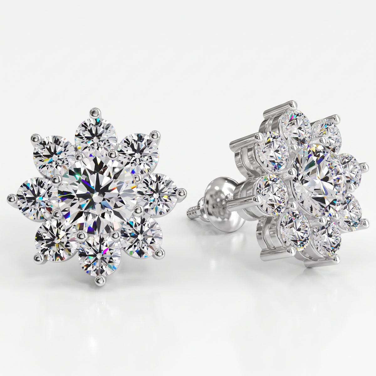 Floral Diamond Stud Earrings, 925 silver earrings studio hero photo on white, lab grown diamonds D color VVS