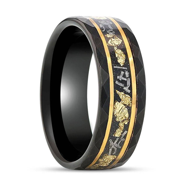 INFINIA | Black Tungsten Ring, Hammered, Gold Flakes, Meteorite Inlay
