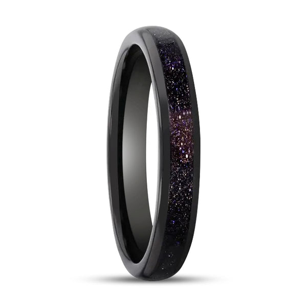 ASTRUM | Black Tungsten Ring, Purple Goldstone Inlay, Domed