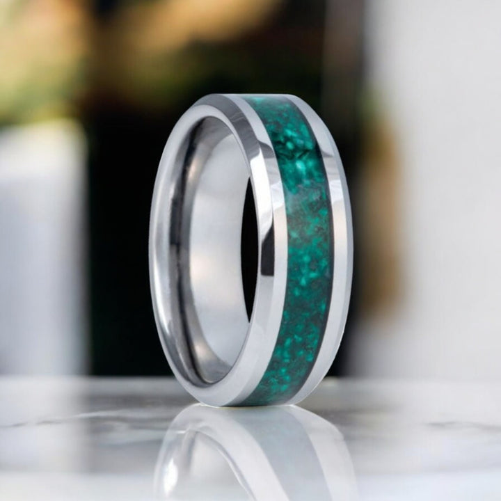 VERDORA silver tungsten ring with green agate inlay and beveled edges - Aydins Jewelry.