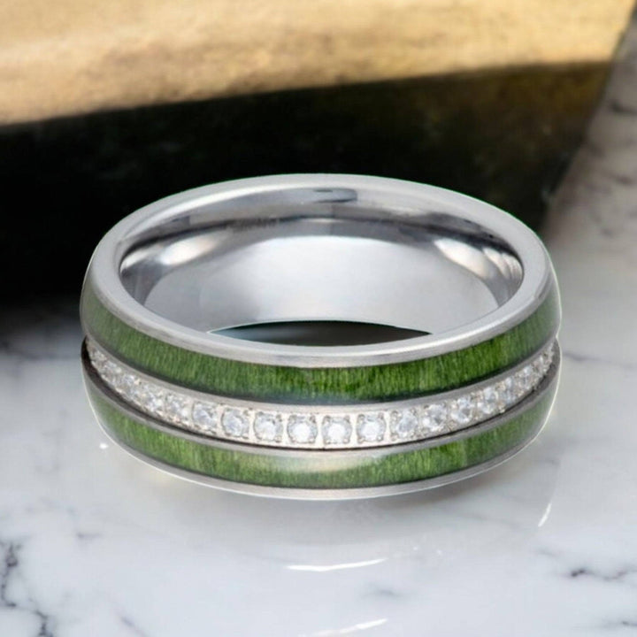 8mm ZENTARA tungsten carbide wedding band with green jade wood inlay.