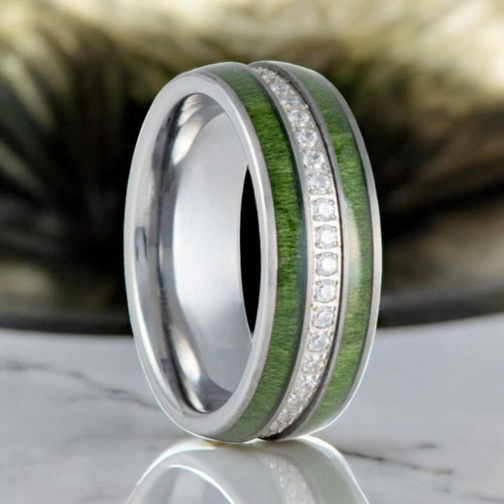 ZENTARA Silver Tungsten Ring with Jade Wood Inlay and CZ Eternity - Aydins Jewelry.