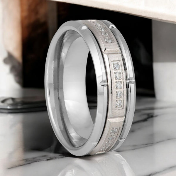 LUMORA Silver Tungsten Ring with Sectional CZ Inlay - Aydins Jewelry.