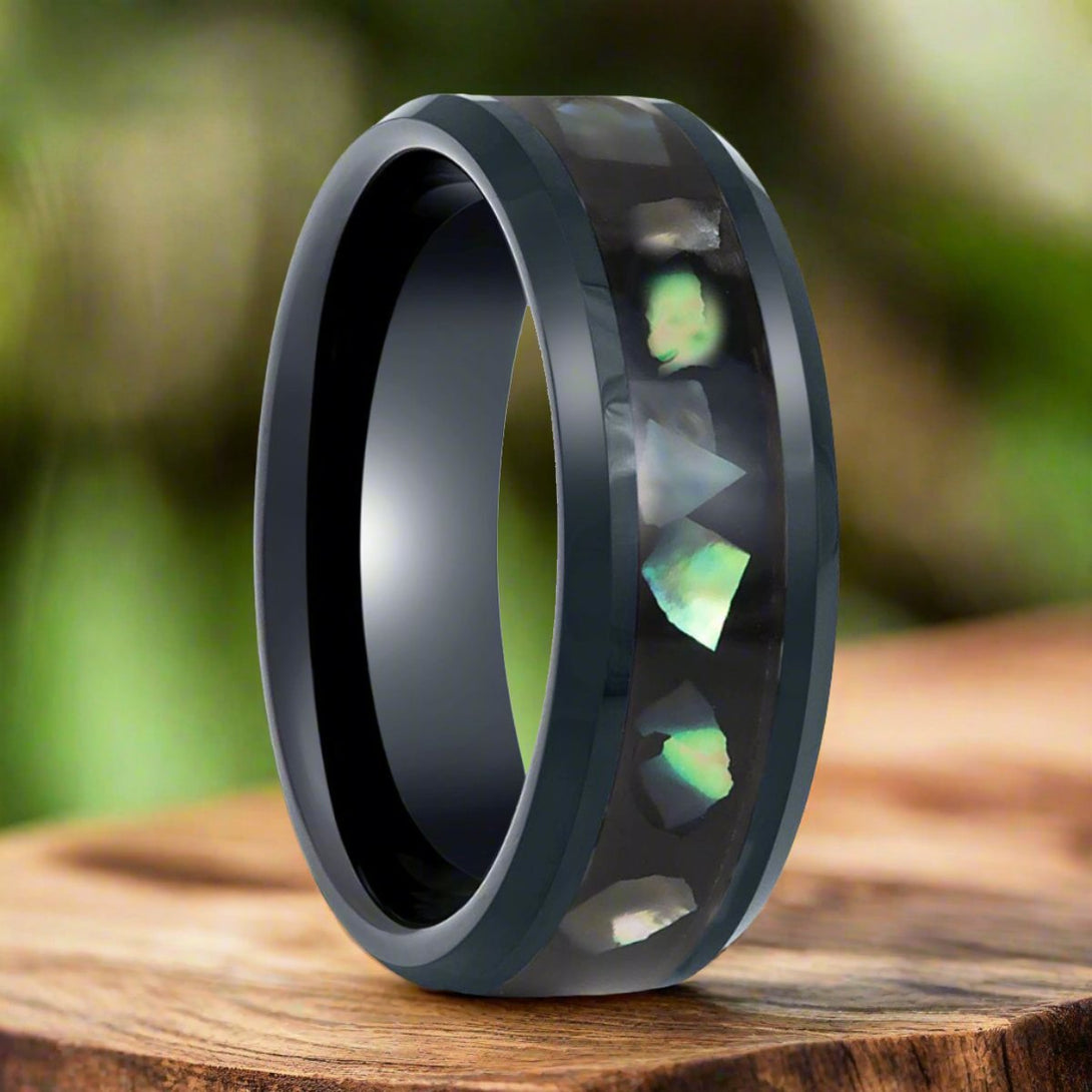 ABALONX | Black Tungsten Ring, Black Resin & Abalone Shell Inlay - Rings - Aydins Jewelry - 3