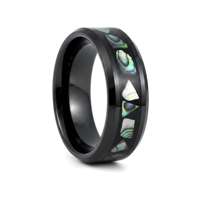 ABALONX black tungsten wedding ring with black resin and abalone shell inlay - front view