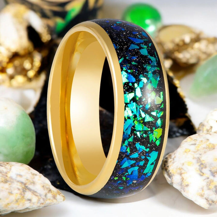 ABALUX Gold Tungsten Ring with Abalone Shell and Green Opal Inlay - Front View