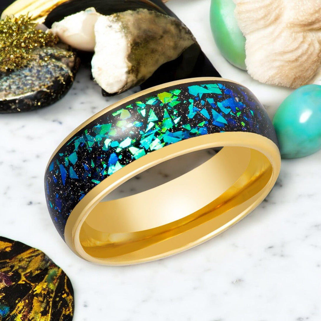 ABALUX Gold Tungsten Ring - Close-Up of Abalone Shell and Green Opal Inlay