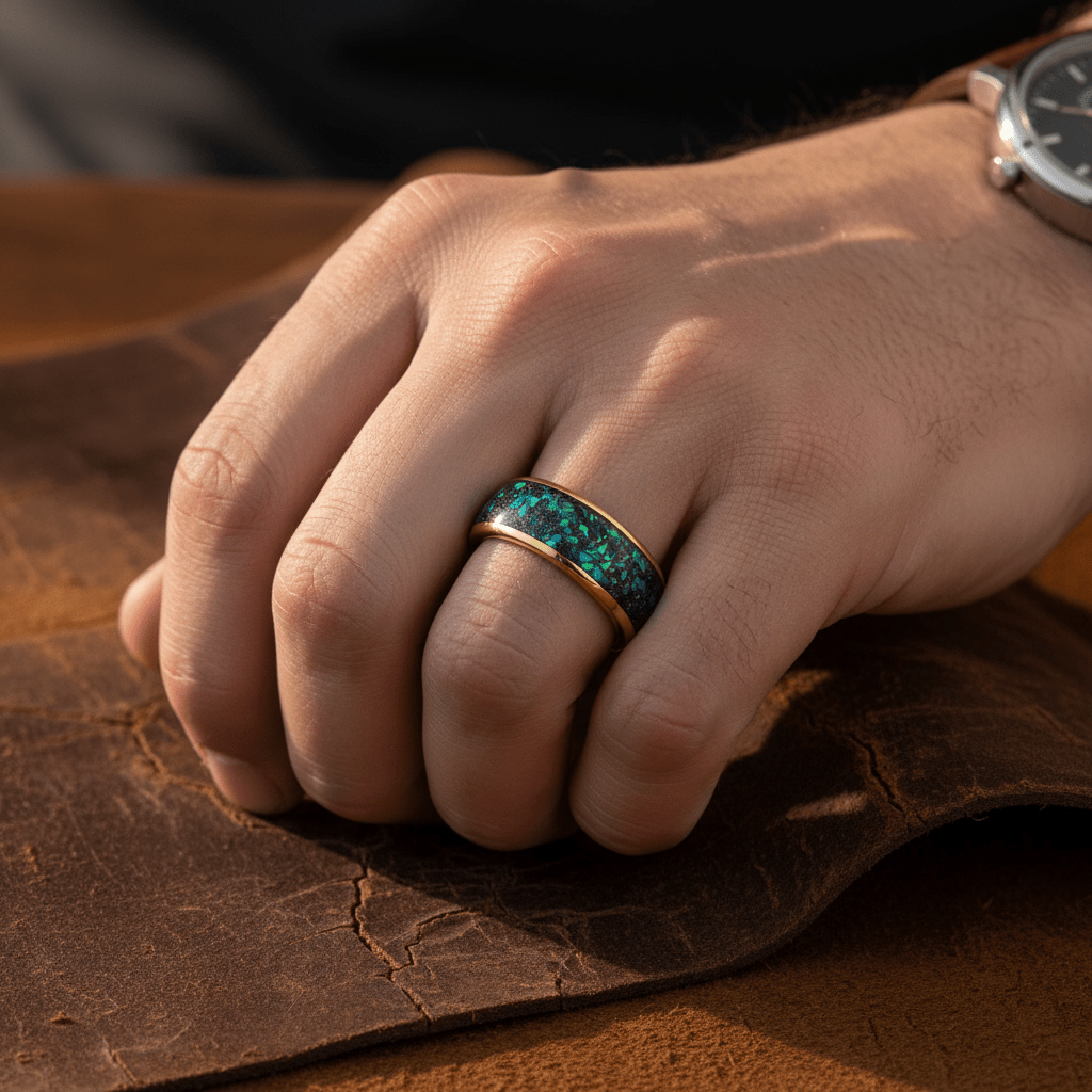 ABALUX — Lifestyle photo on hand — men's tungsten wedding ring.
