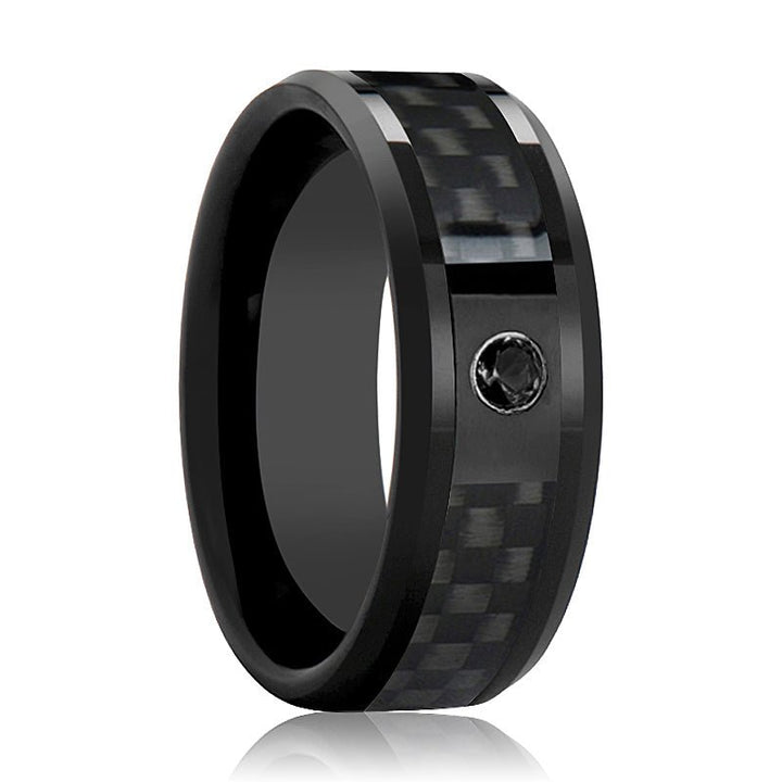 ABERDEEN | Black Ceramic Ring, Black Carbon Fiber, Black Diamond, Beveled - Rings - Aydins Jewelry - 1