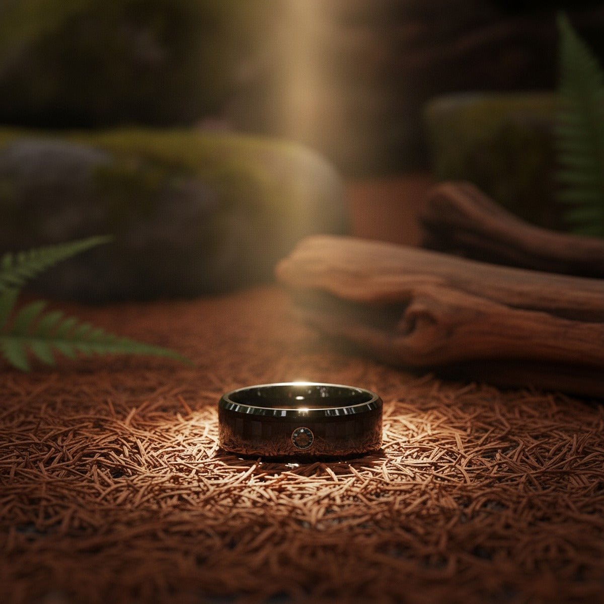 Aydins ABERDEEN | Black Ceramic Ring, Black Carbon Fiber, Black Diamond, Beveled lifestyle scene, redwood floor