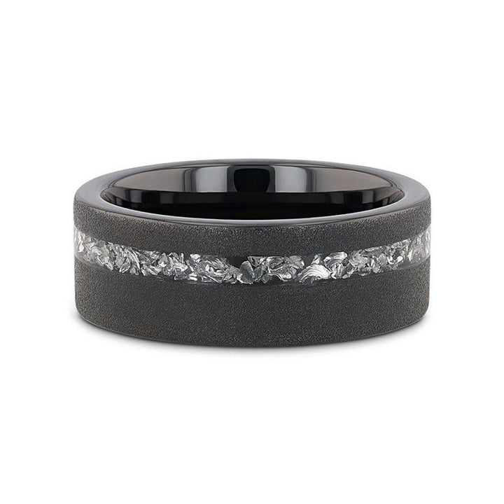 ABYSS | Tungsten Ring, Sandblasted, Meteorite Fragments Inlay, Flat - Rings - Aydins Jewelry - 4