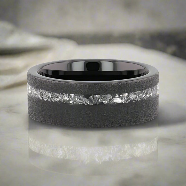 ABYSS | Tungsten Ring, Sandblasted, Meteorite Fragments Inlay, Flat - Rings - Aydins Jewelry - 6