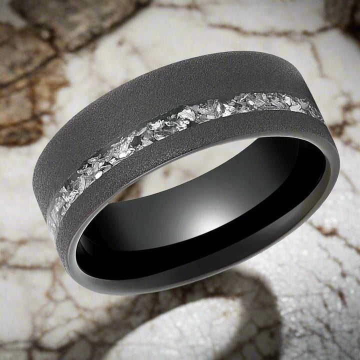 ABYSS | Tungsten Ring, Sandblasted, Meteorite Fragments Inlay, Flat - Rings - Aydins Jewelry - 3