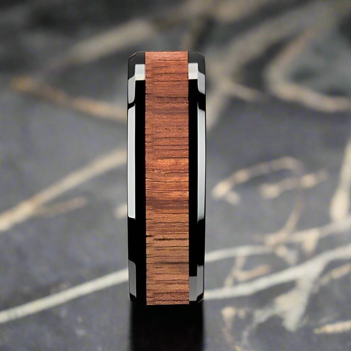 ACACIA | Black Ceramic Ring, Koa Wood Inlay, Beveled - Rings - Aydins Jewelry - 3