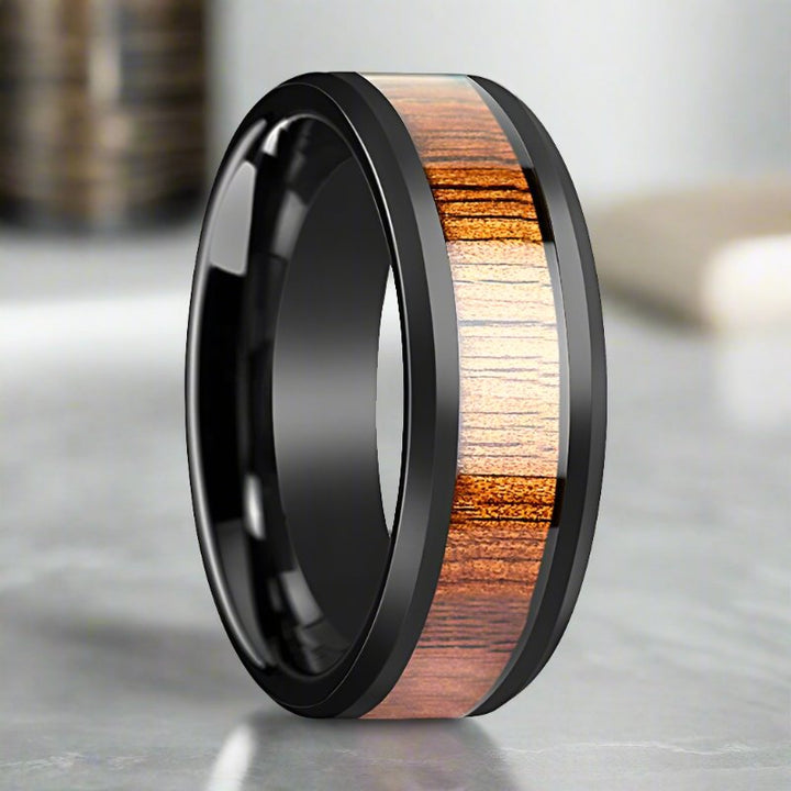 ACACIA | Black Ceramic Ring, Koa Wood Inlay, Beveled - Rings - Aydins Jewelry - 3