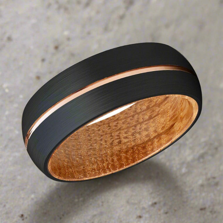 ACALETA | Whiskey Barrel Wood, Black Tungsten Ring, Rose Gold Groove, Domed - Rings - Aydins Jewelry - 4