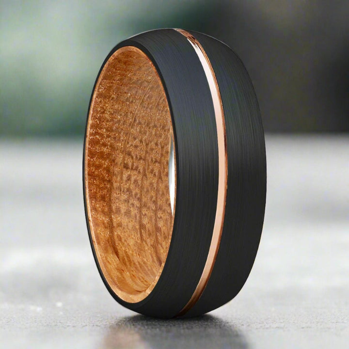 ACALETA | Whiskey Barrel Wood, Black Tungsten Ring, Rose Gold Groove, Domed - Rings - Aydins Jewelry - 3