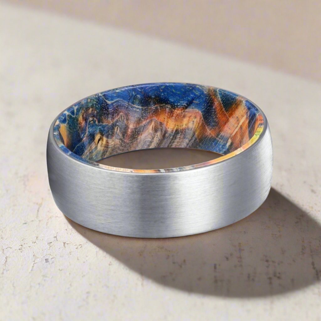 ACE | Blue & Yellow/Orange Wood, Silver Tungsten Ring, Brushed, Domed - Rings - Aydins Jewelry - 2