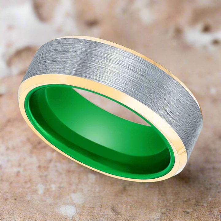 ACES | Green Ring, Brushed, Silver Tungsten Ring, Gold Beveled Edges - Rings - Aydins Jewelry - 6