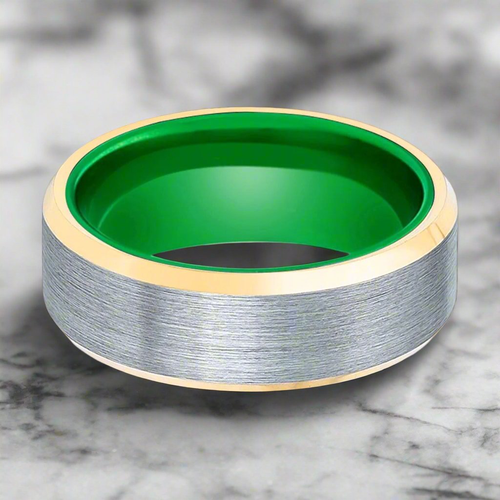 ACES | Green Ring, Brushed, Silver Tungsten Ring, Gold Beveled Edges - Rings - Aydins Jewelry - 2